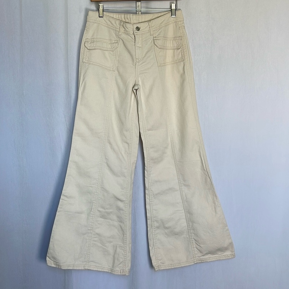 Divided Cream Flare Jeans Sz 4 Front & Back Seam Patch Pockets Festival Boho EUC